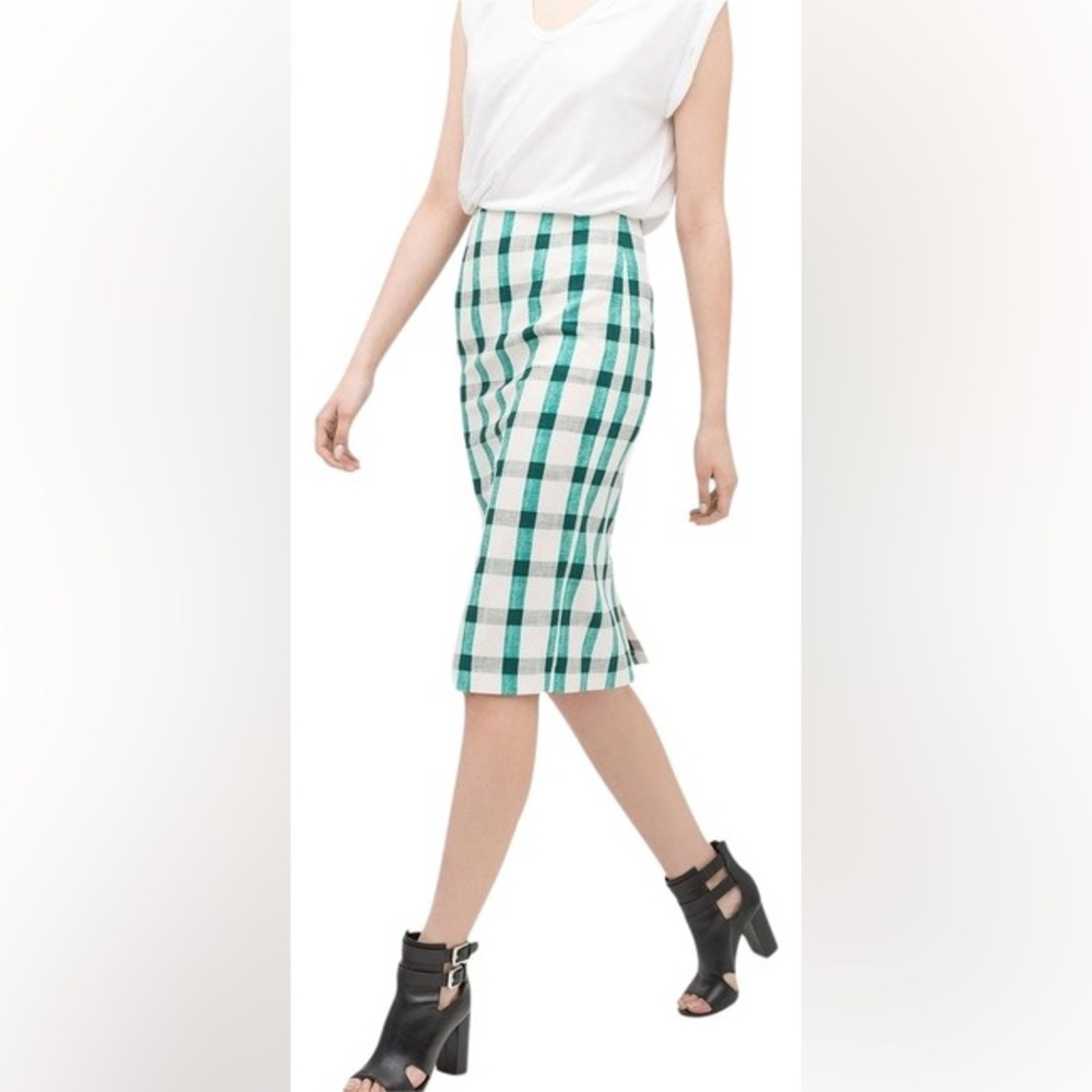 Zara green and white plaid pencil midi skirt